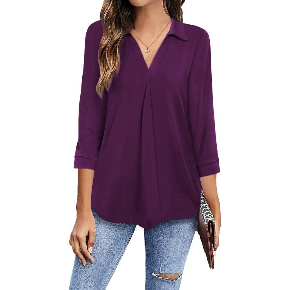 Women's Collared V Neck 3/4 Sleeve Blouse Business Casual Tops S-3XL